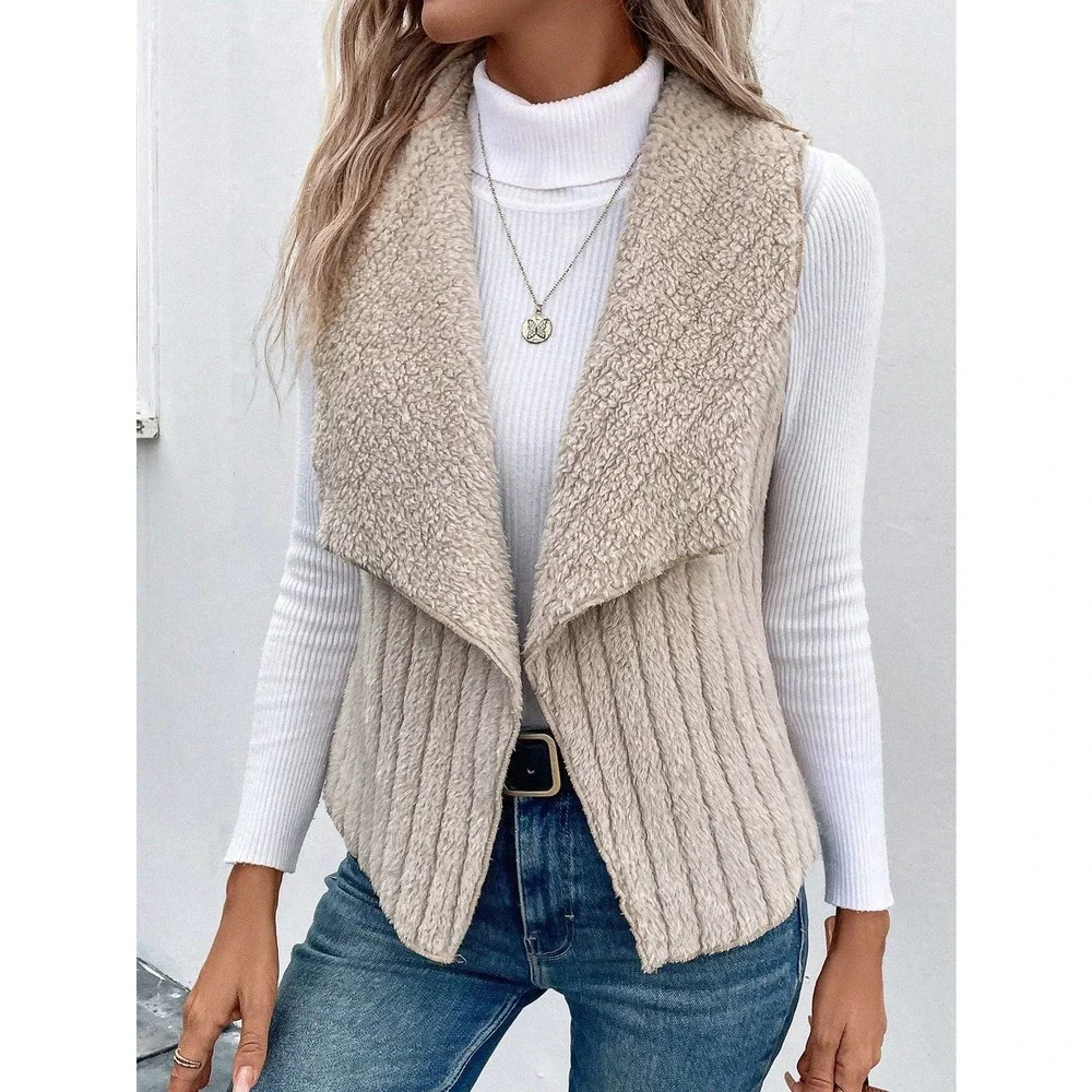 ribbed knit Waterfall Collar Open Front teddy Vest - Picture 1 of 5